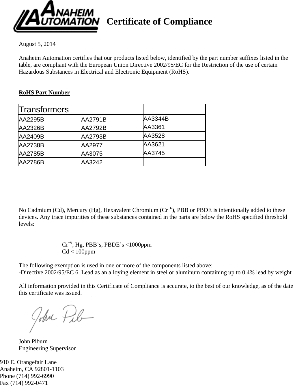 Page 1 of 1 - RoHS Compliance - Transformers Ro HS