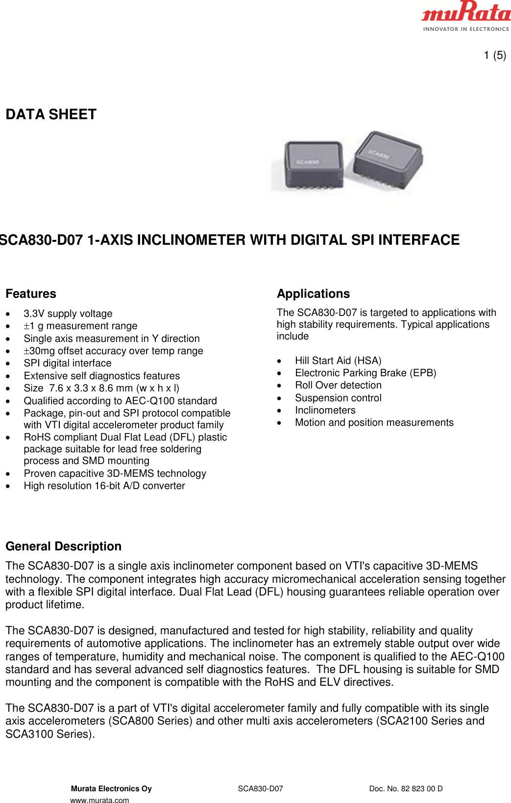 Page 1 of 5 - SCA830-D07 Inclinometer Datasheet 82-823-00-D