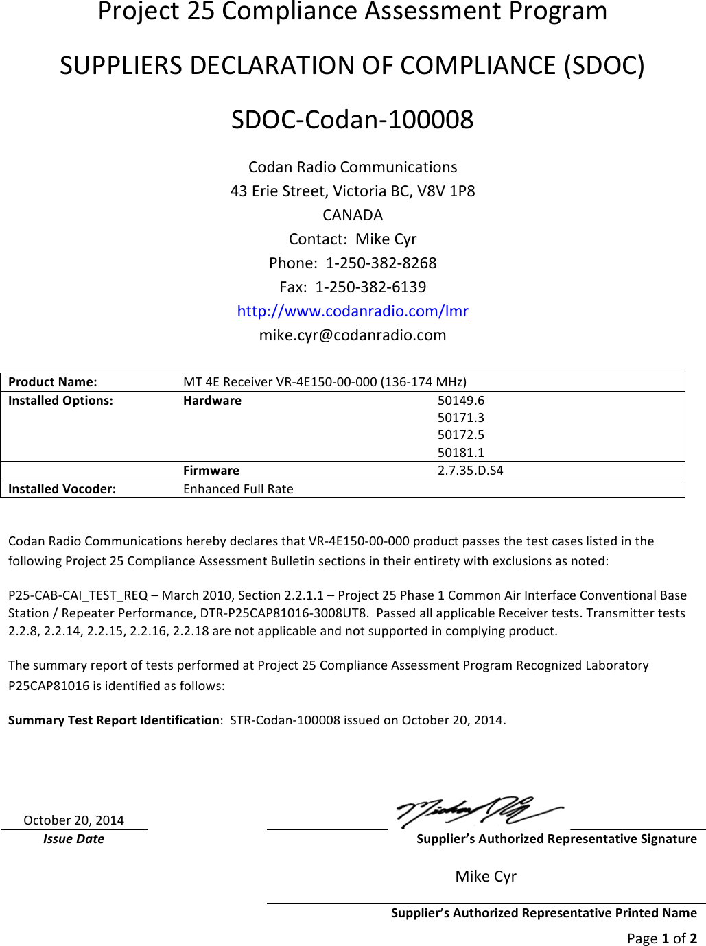 Page 1 of 2 - 100008-P25_SDoC_VR4E150-00-000 SDo C-Codan-MT-4E-Receiver-VR4E150-100008