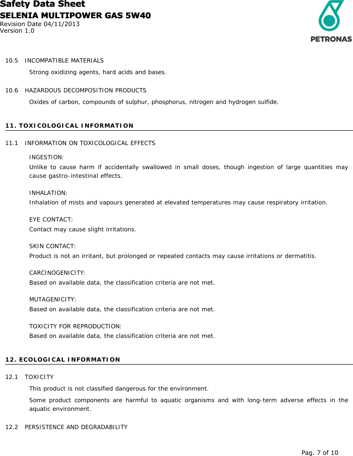 Page 7 of 10 - SELENIA-MULTIPOWER-GAS-5W40 Safety-datasheet