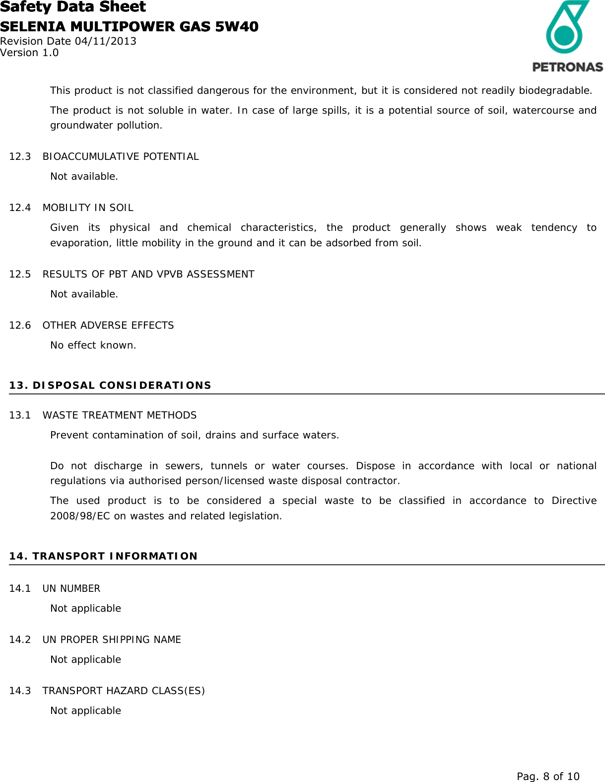 Page 8 of 10 - SELENIA-MULTIPOWER-GAS-5W40 Safety-datasheet