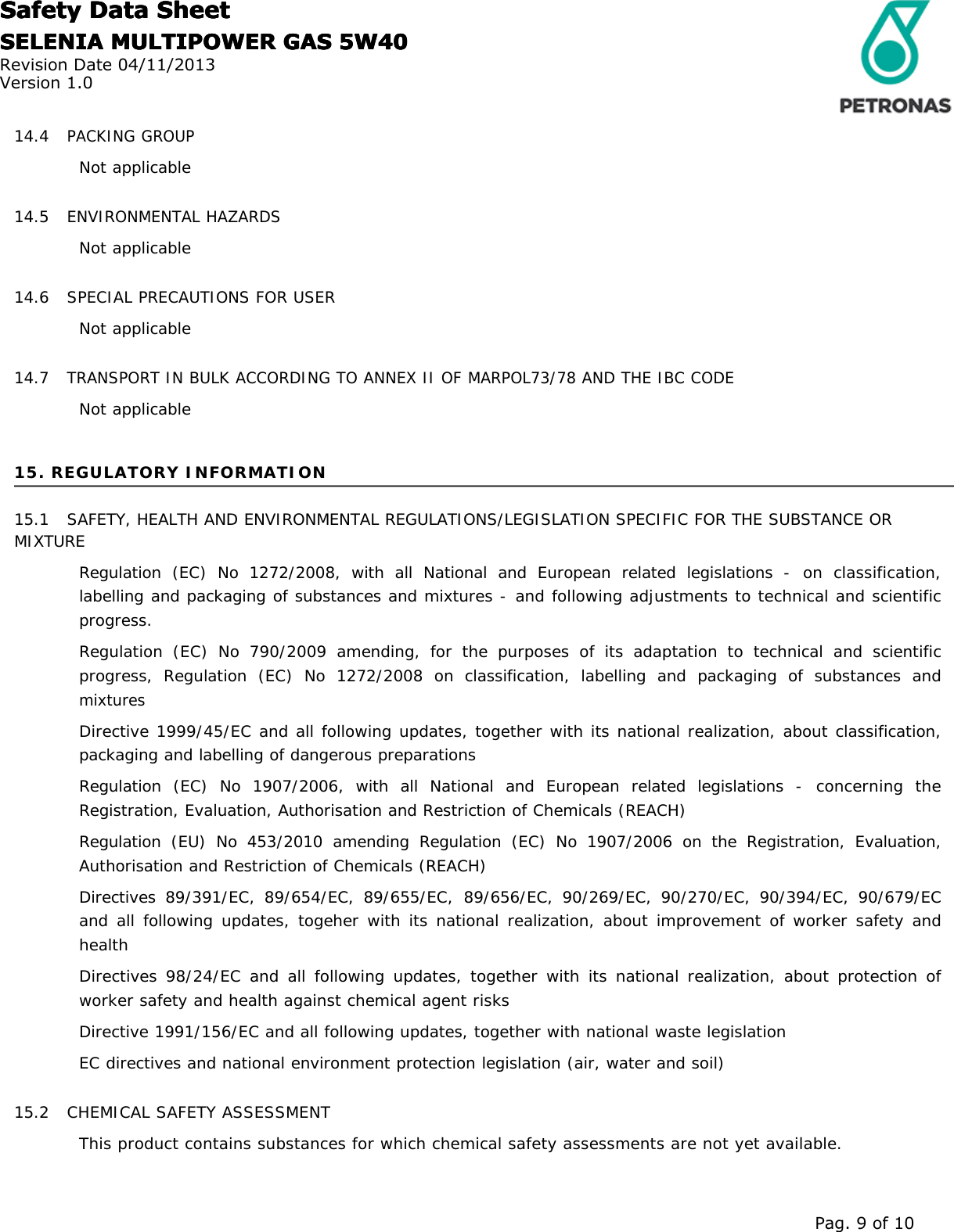 Page 9 of 10 - SELENIA-MULTIPOWER-GAS-5W40 Safety-datasheet