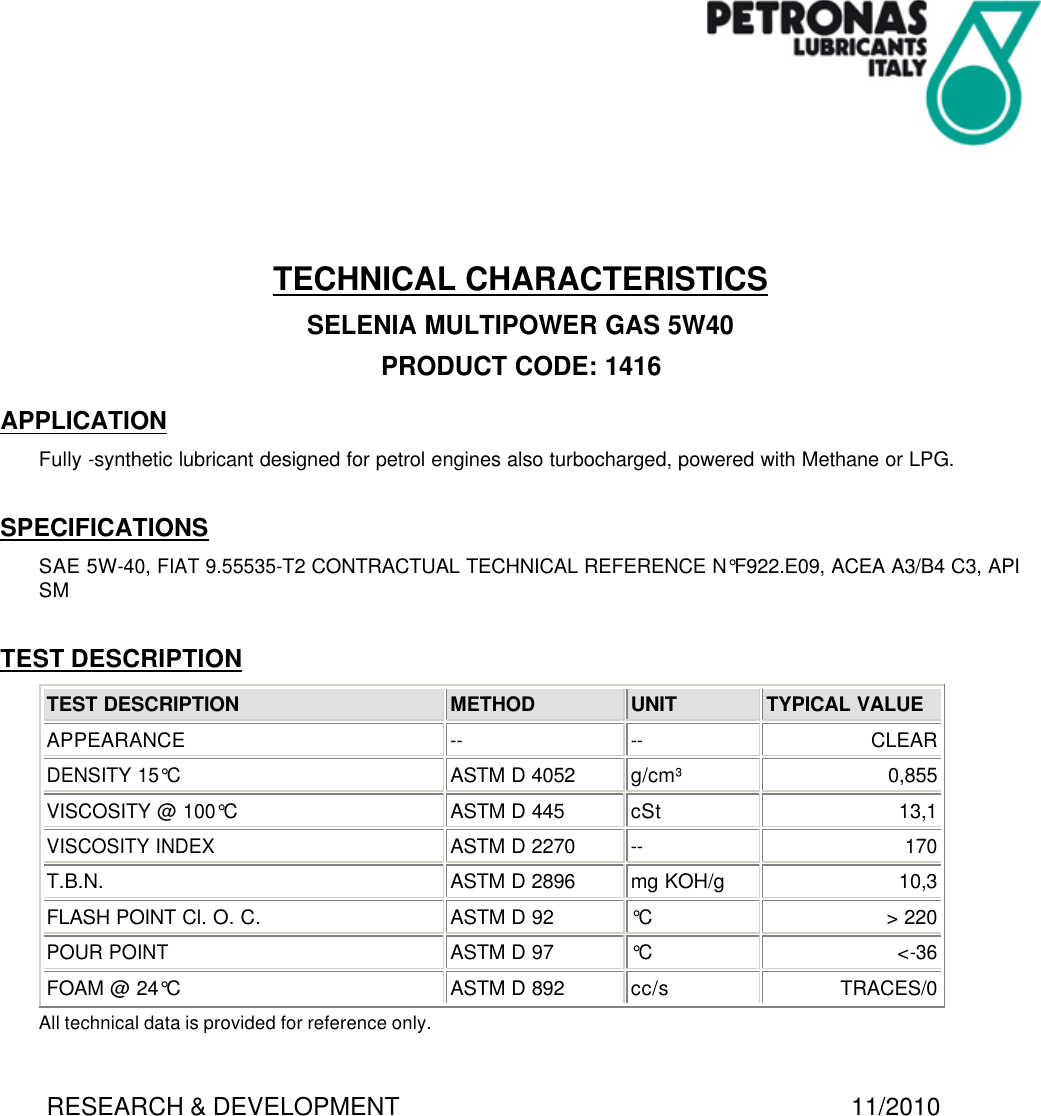 SELENIA MULTIPOWER GAS 5W40_technical characteristics 5W40 Technical