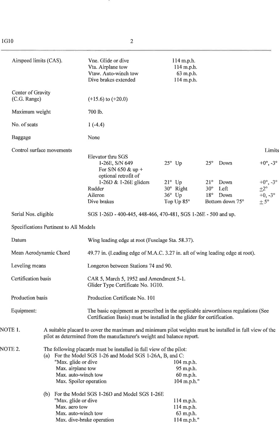 SGS 1 26 Glider Specification No 1G10