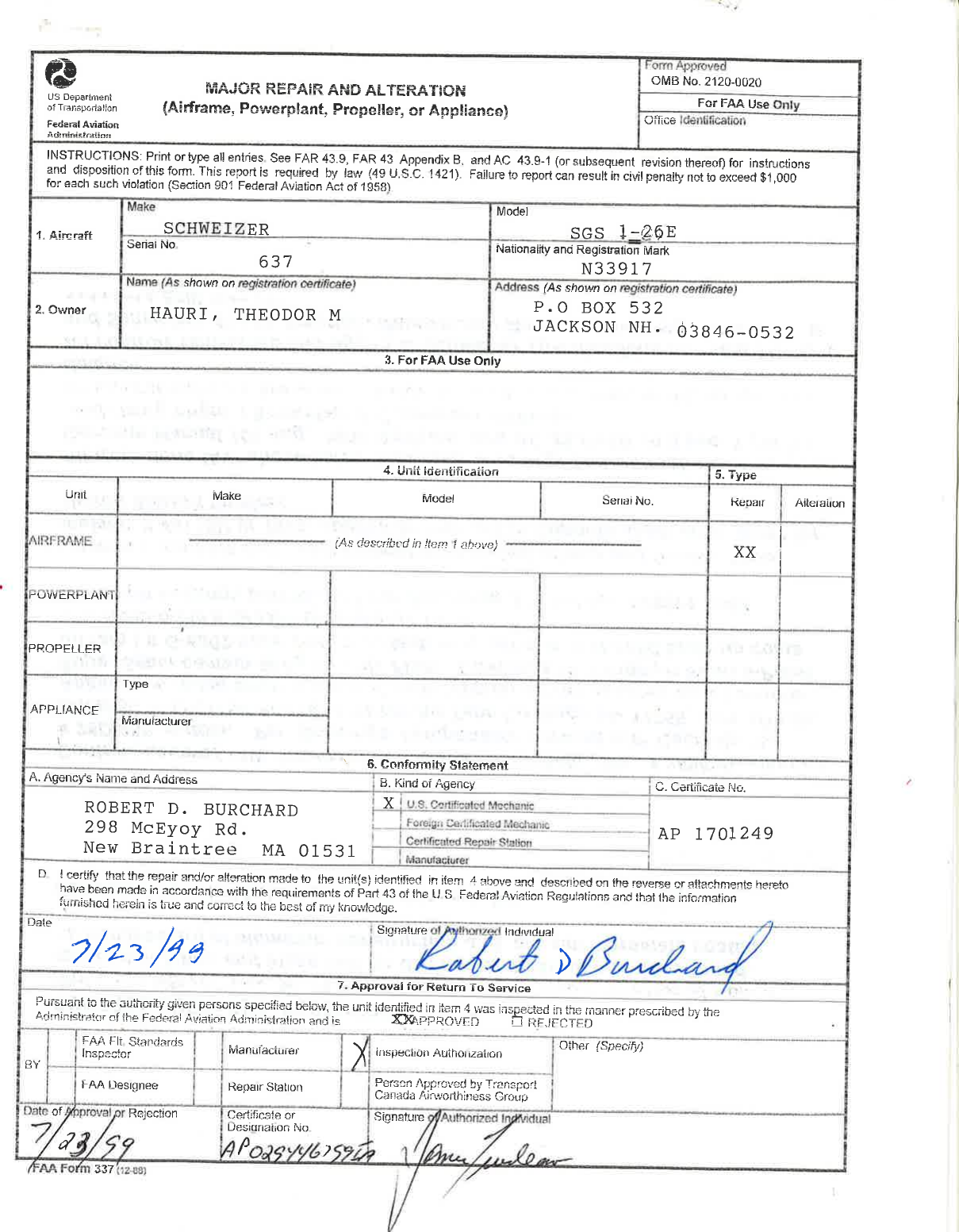 Page 1 of 4 - SGS 1-26 N33917 Form 337 Major Repair