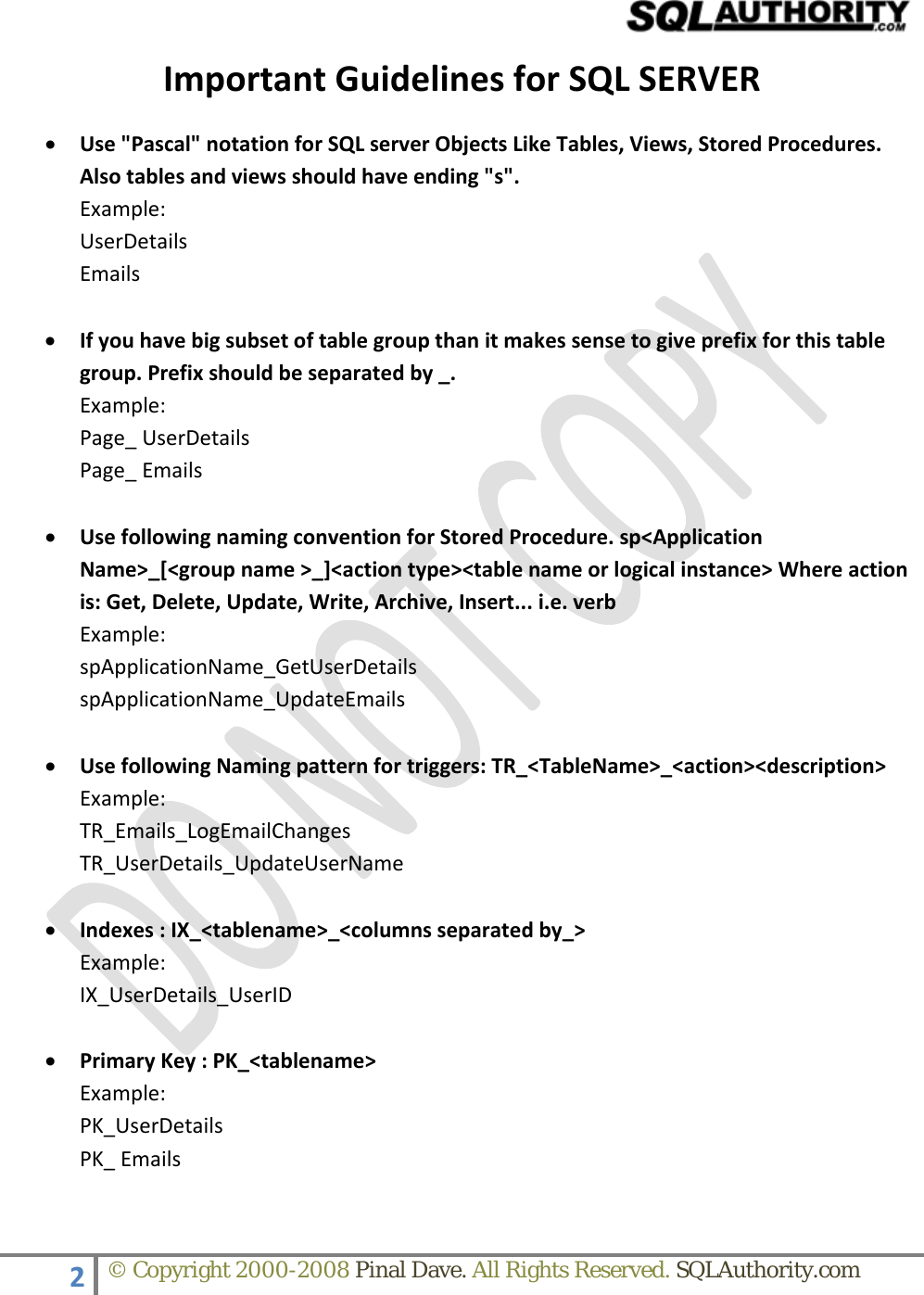 Page 2 of 9 - SQLAuthority.com - SQL Server Important Guidelines SQLServer Guide Lines