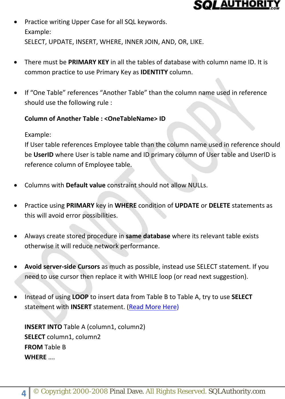 Page 4 of 9 - SQLAuthority.com - SQL Server Important Guidelines SQLServer Guide Lines