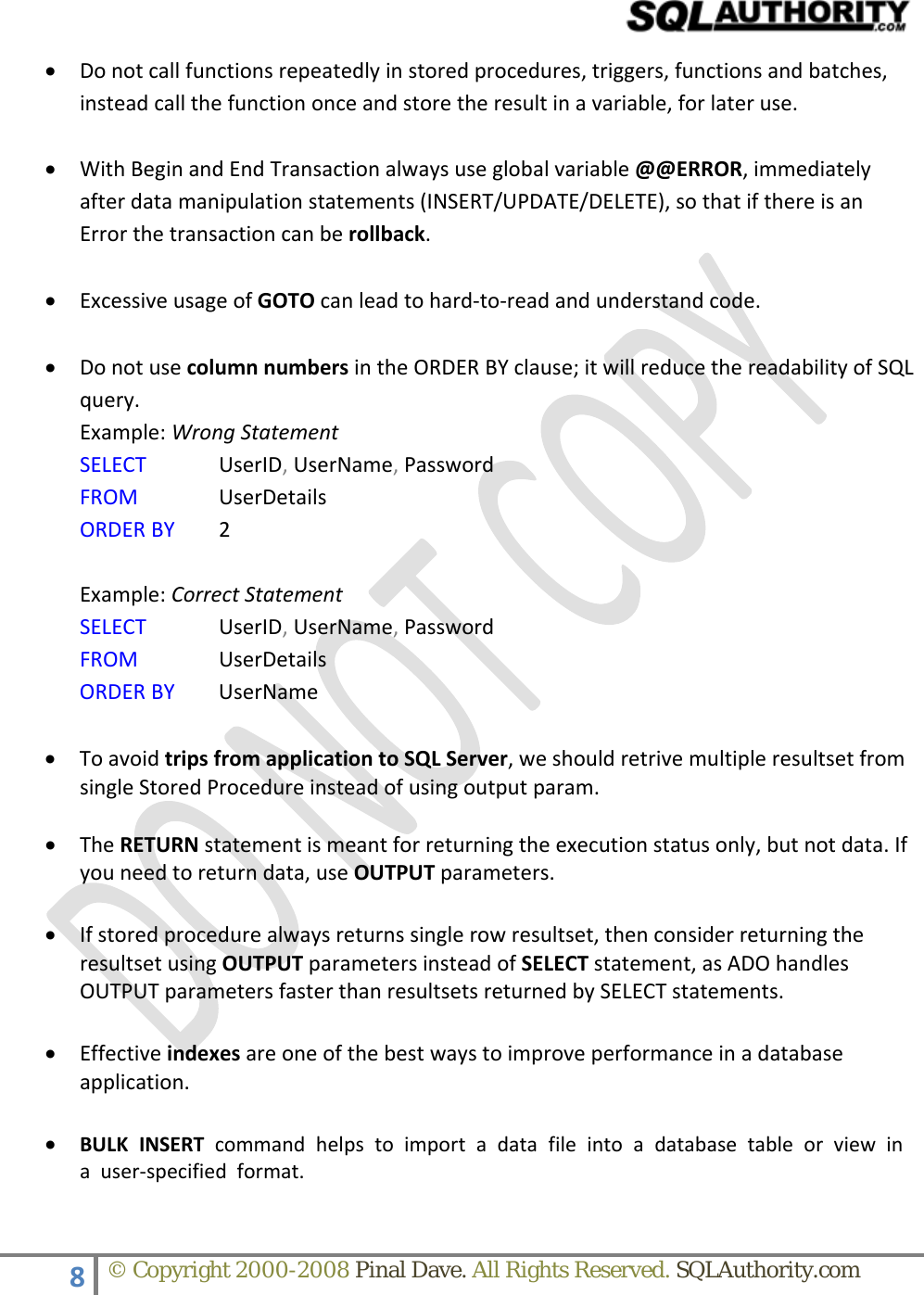 Page 8 of 9 - SQLAuthority.com - SQL Server Important Guidelines SQLServer Guide Lines