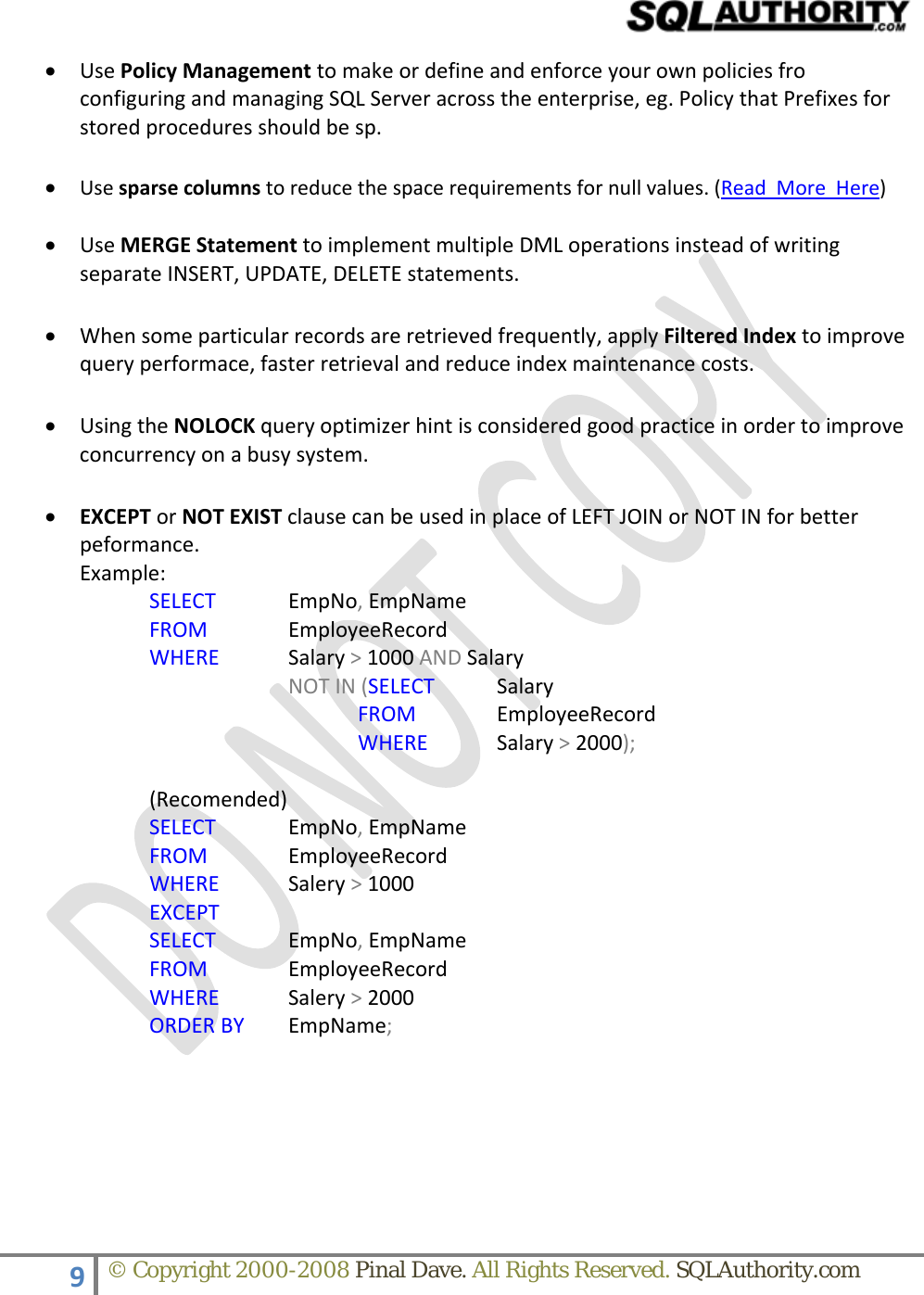 Page 9 of 9 - SQLAuthority.com - SQL Server Important Guidelines SQLServer Guide Lines