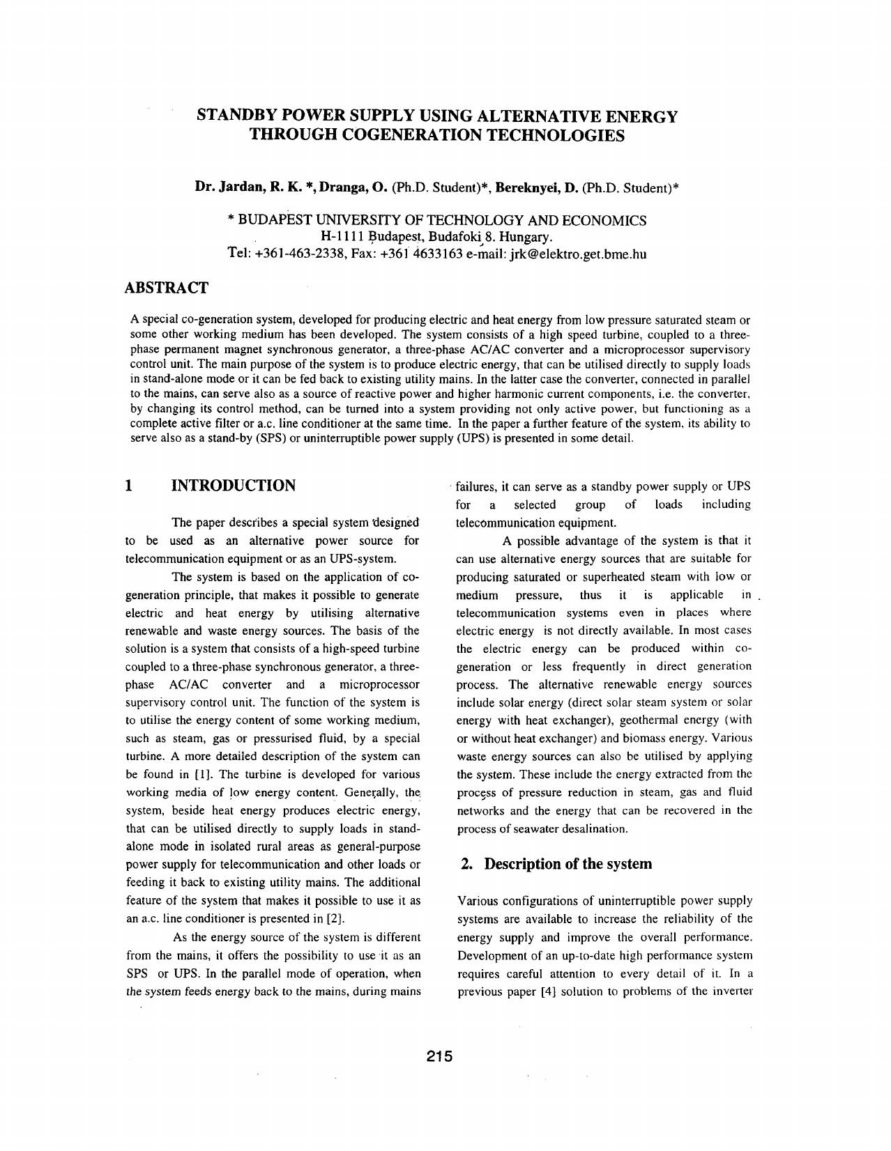 Page 1 of 5 - Standby Power Supply Using Alternative Energy Through Cogeneration Technologies - Telecommunications Special, The Third I