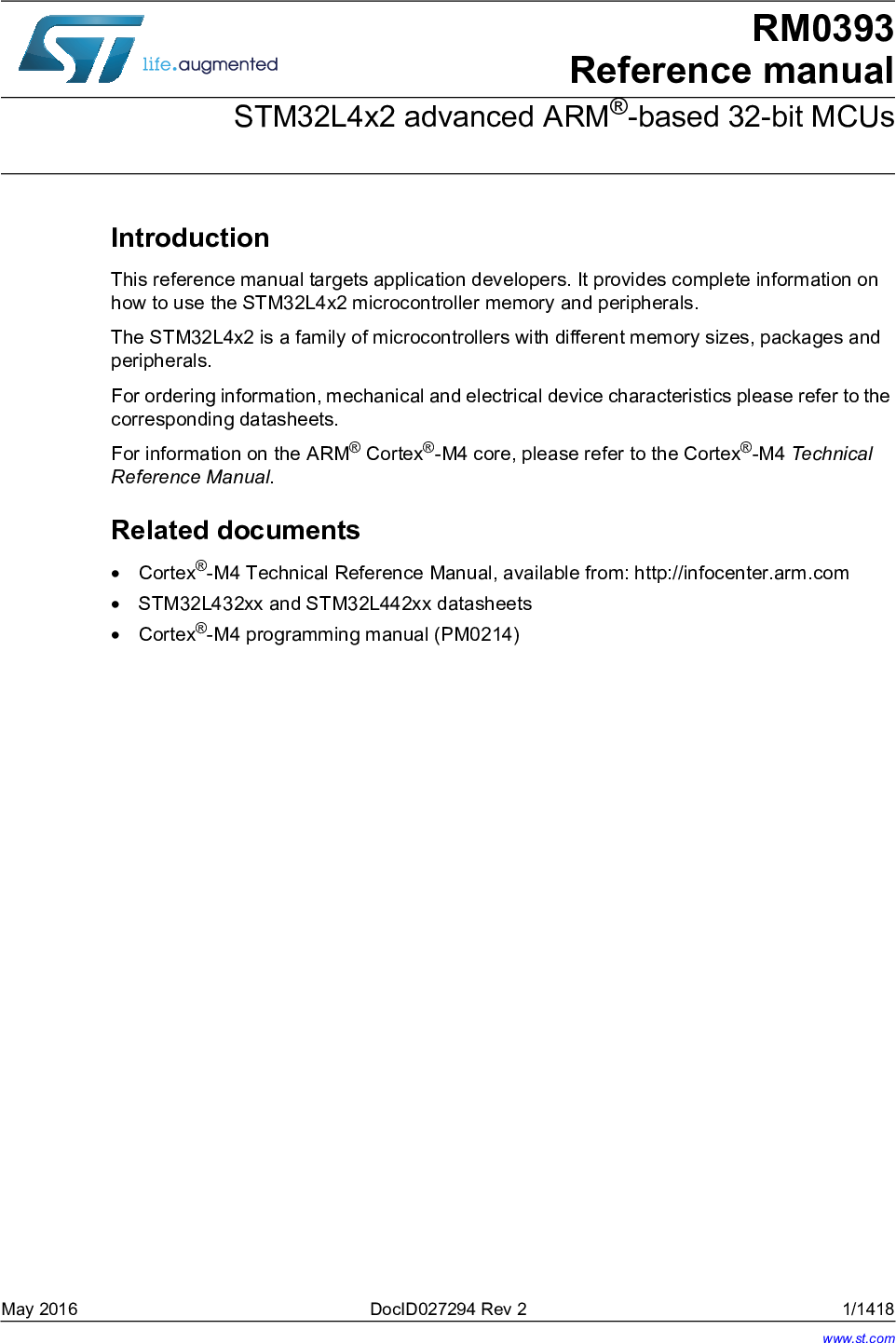 Stm32l4x2 Advanced Arm Based 32 Bit Mcus Reference Manual