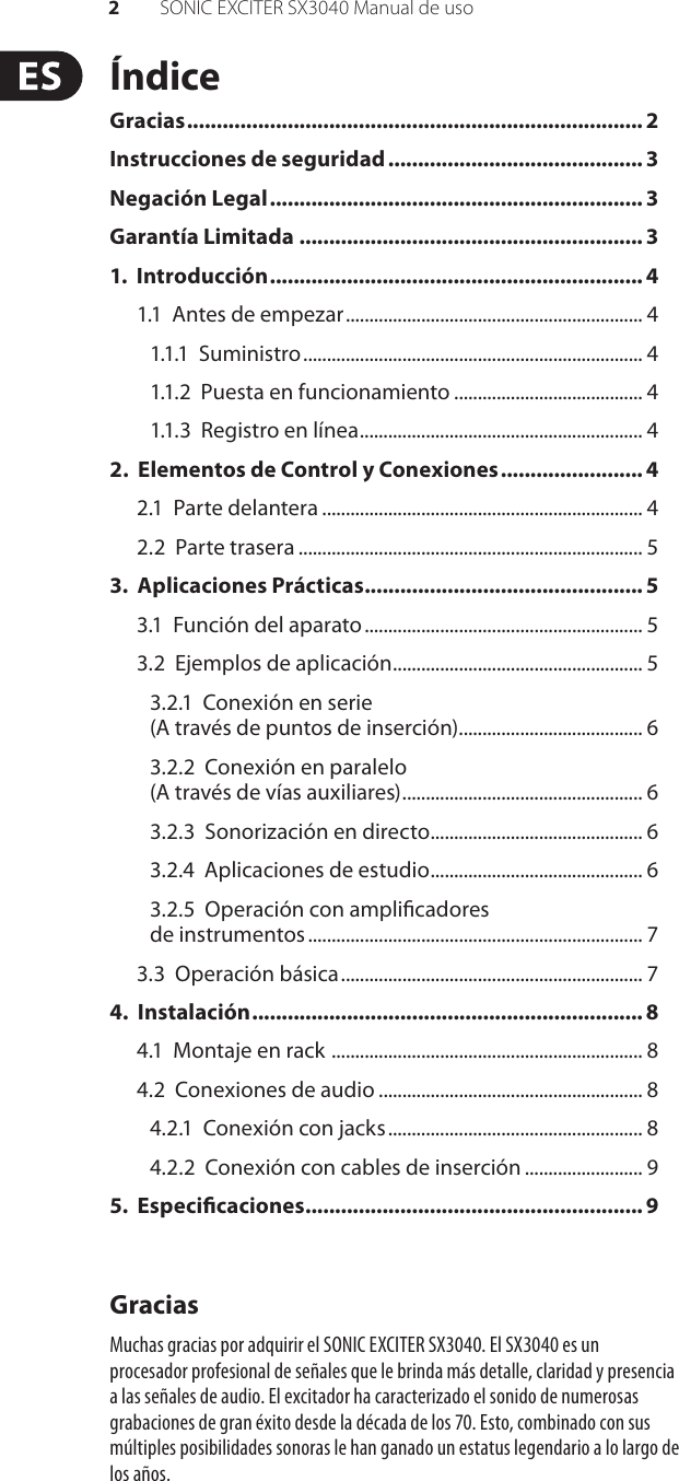 Page 2 of 10 - SONIC EXCITER SX3040 Behringer User Manual (Spanish) P0582 M ES