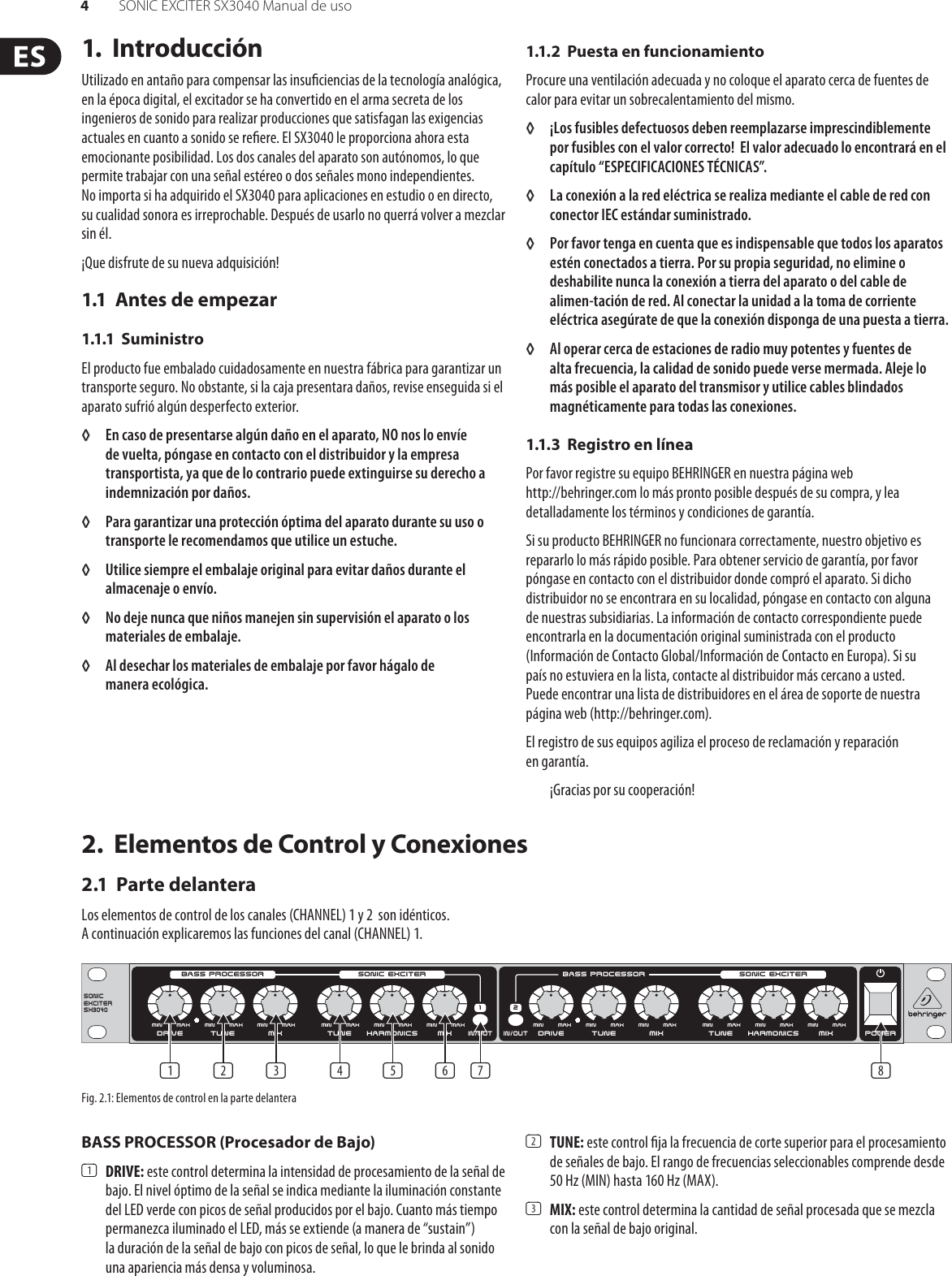 Page 4 of 10 - SONIC EXCITER SX3040 Behringer User Manual (Spanish) P0582 M ES