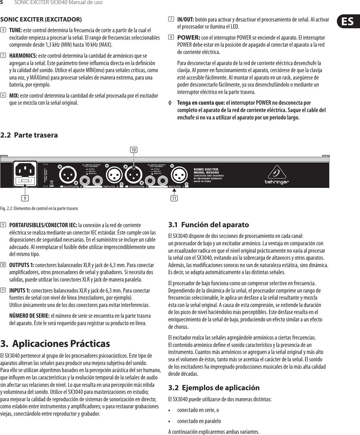Page 5 of 10 - SONIC EXCITER SX3040 Behringer User Manual (Spanish) P0582 M ES