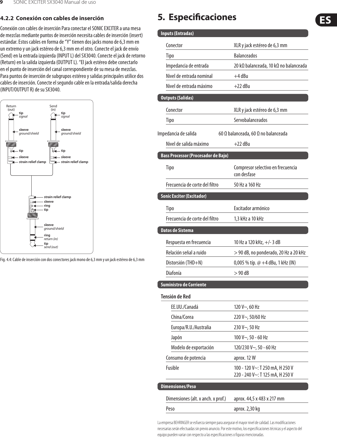 Page 9 of 10 - SONIC EXCITER SX3040 Behringer User Manual (Spanish) P0582 M ES