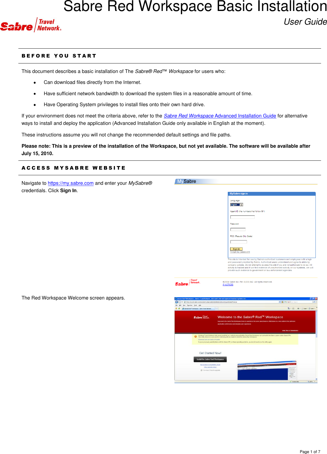 Page 1 of 7 - (EN) Workspace Basic Installation Guide Sabre Red