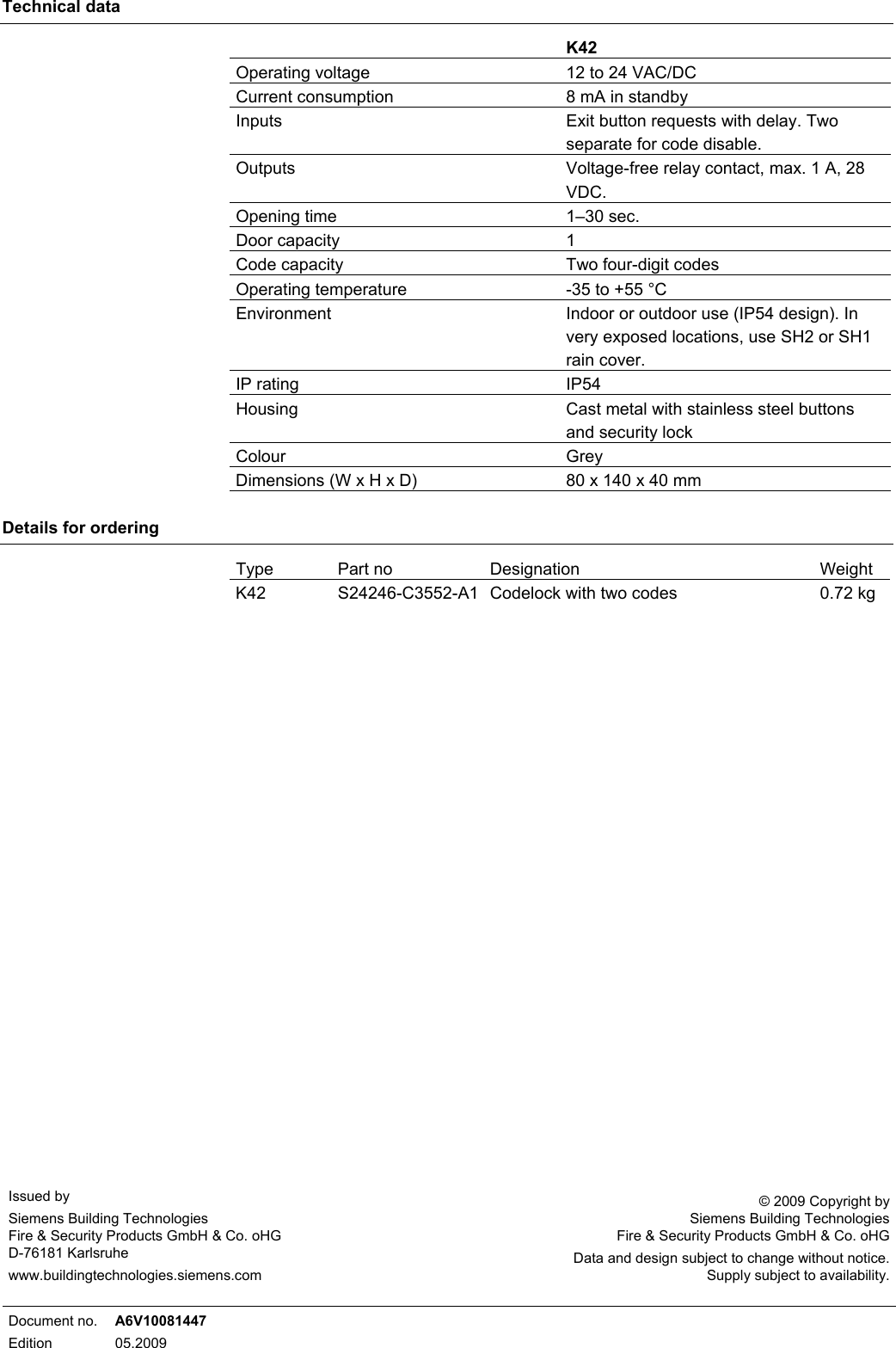 Page 2 of 2 - K42 Data Sheet Siemens Bewator Codelock