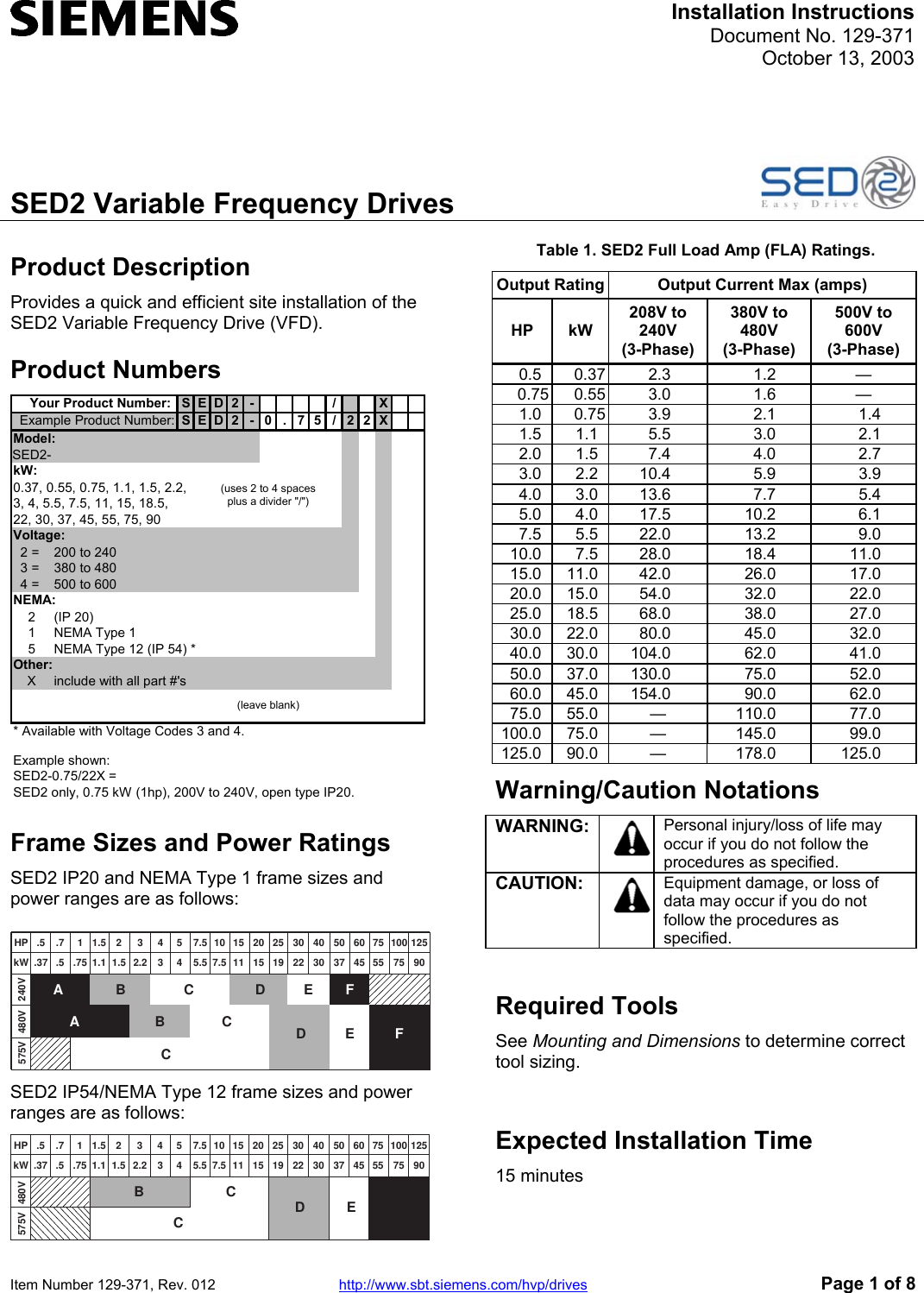 Page 1 of 8 - SED2 Variable Frequency Drives Siemens-SED2-Installation-Instructions