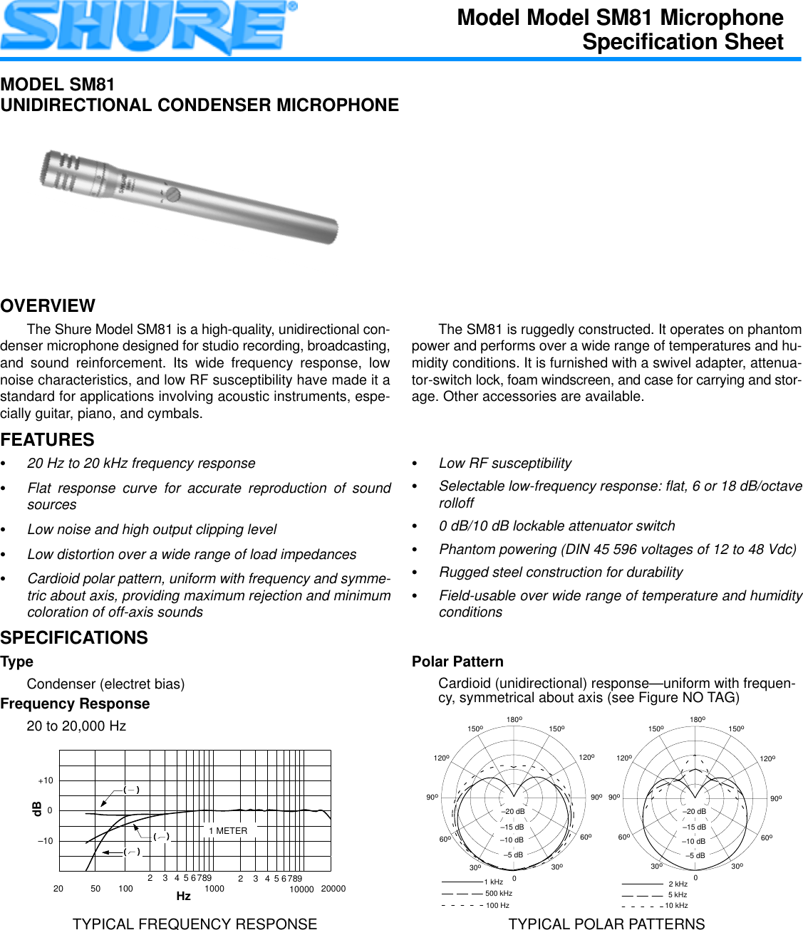 Page 1 of 2 - Shure SM81 Microphone Specification Sheet  Specsheets En-US