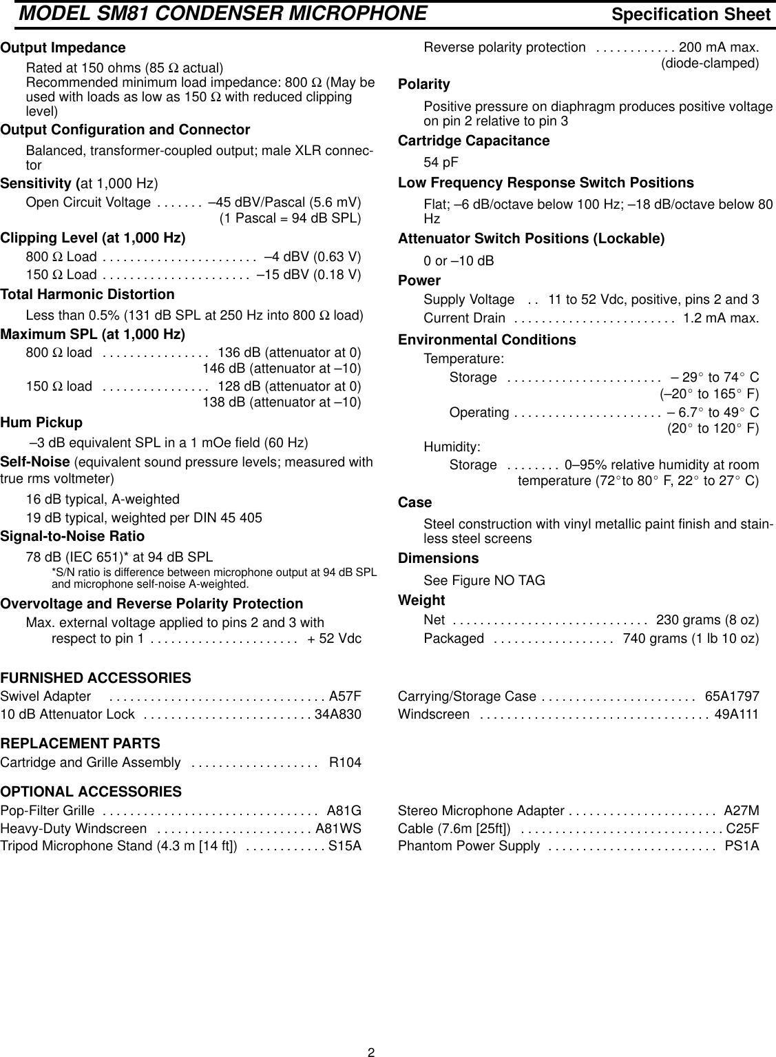 Page 2 of 2 - Shure SM81 Microphone Specification Sheet  Specsheets En-US