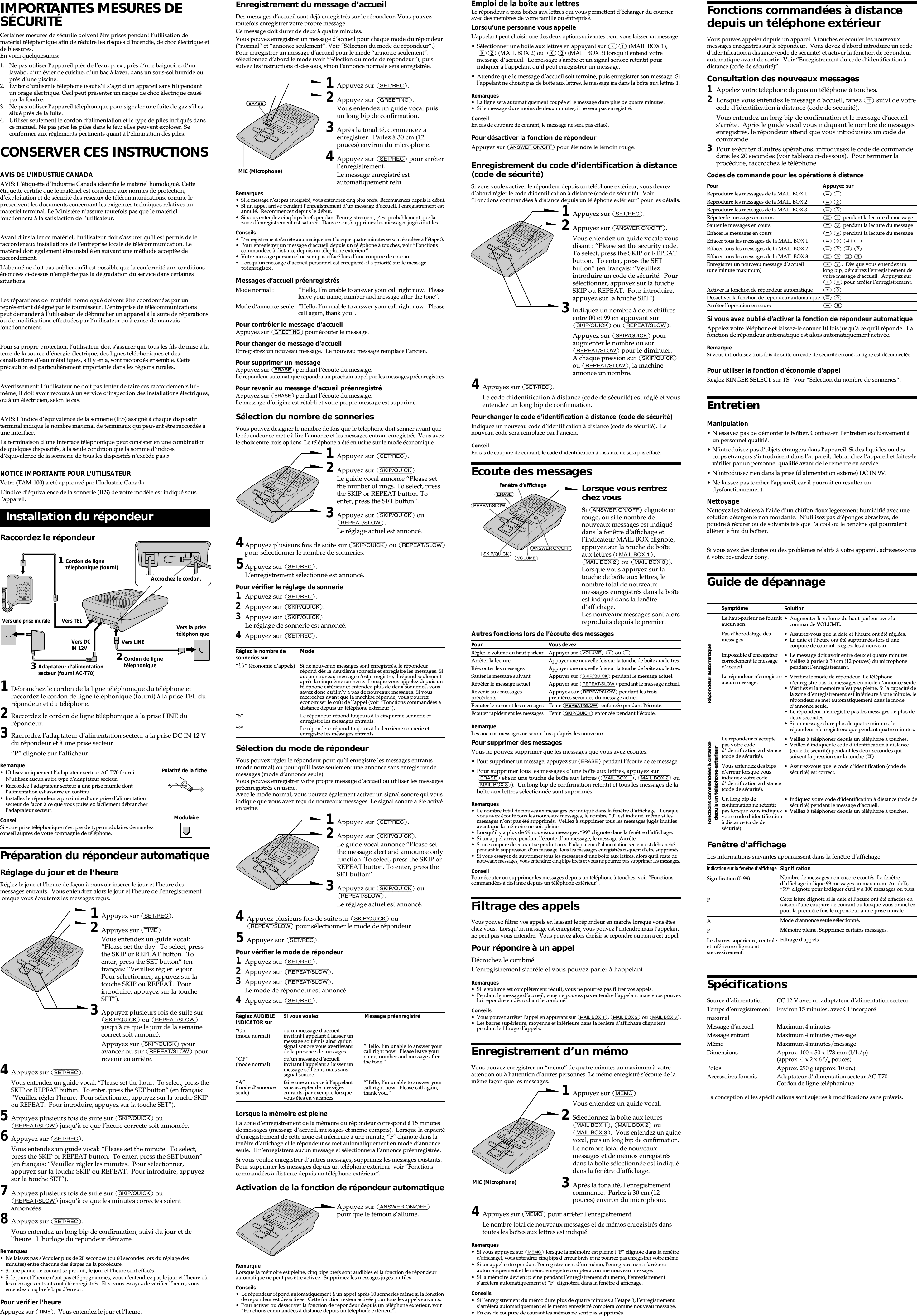 Page 2 of 2 - TAM-100 Sony TAM100 Answering Machine