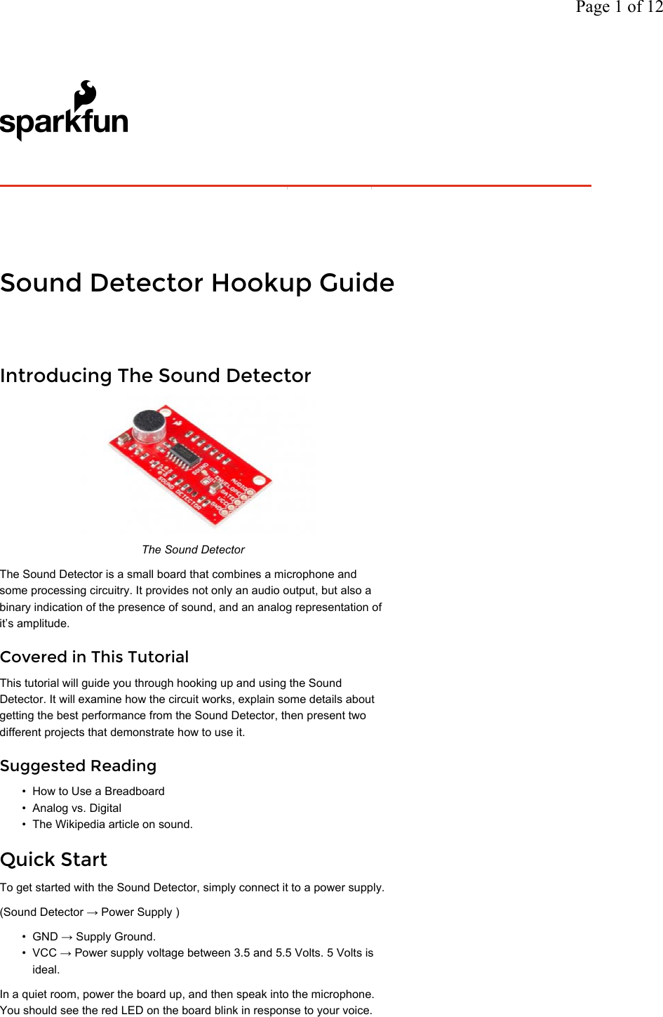 Page 1 of 12 - S://learn.sparkfun.com/tutorials/sound-detector-hookup-guid Sound Detector Hookup Guide 2