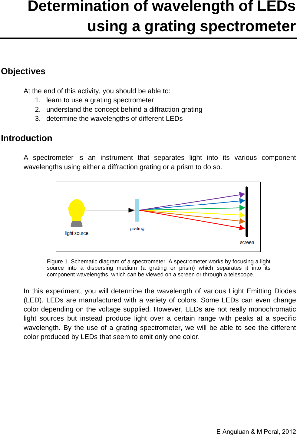 Page 1 of 12 - Student Manual Determination Of Wavelength LEDs Using A Grating Spectrometer - Anguluan & Po