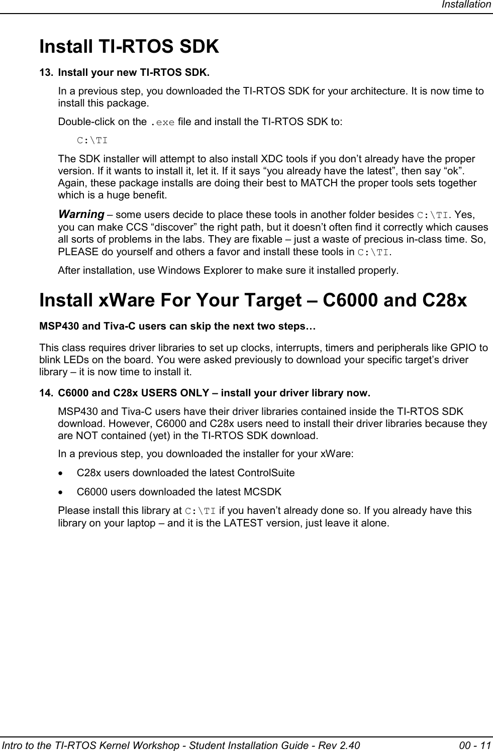 Page 11 of 12 - Student Installation Guide - Rev 2.40 TI RTOS Workshop Rev2.40