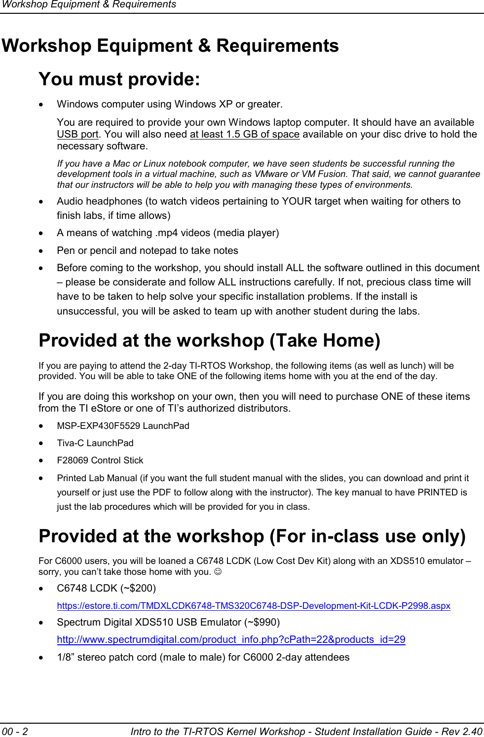 Page 2 of 12 - Student Installation Guide - Rev 2.40 TI RTOS Workshop Rev2.40