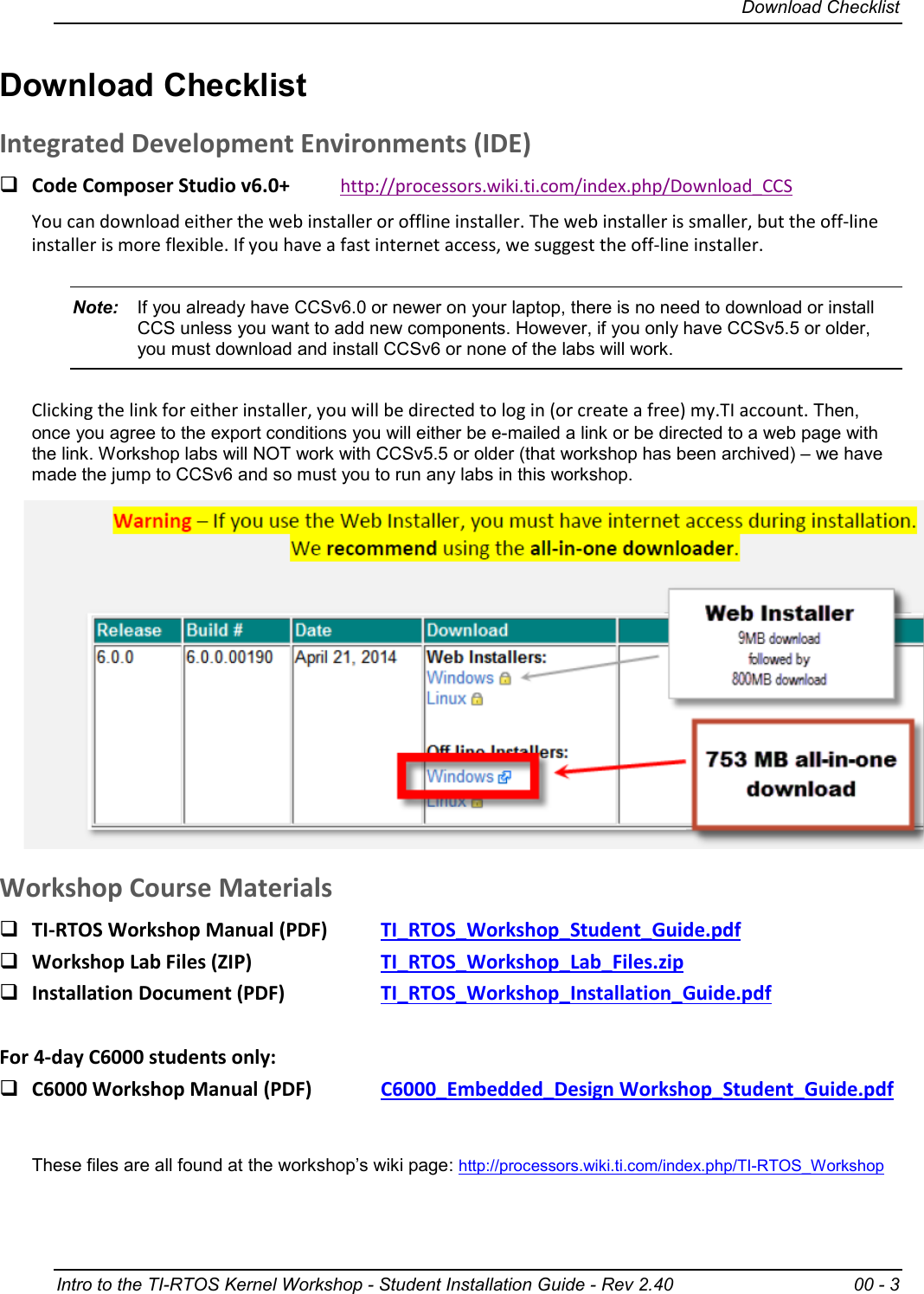 Page 3 of 12 - Student Installation Guide - Rev 2.40 TI RTOS Workshop Rev2.40