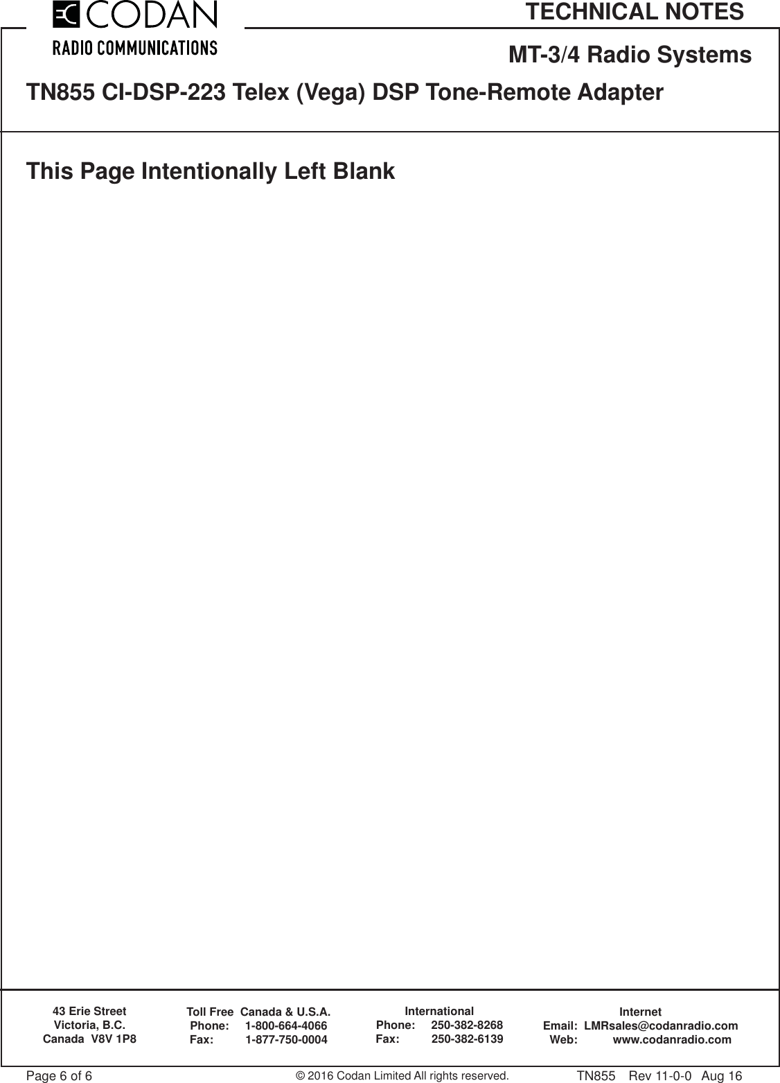 Page 6 of 6 - TN855-11 Telex DSP-223 TN855 CI-DSP-223 (Vega) DSP Tone-Remote Adapter TN855-11-Telex-DSP-223-1