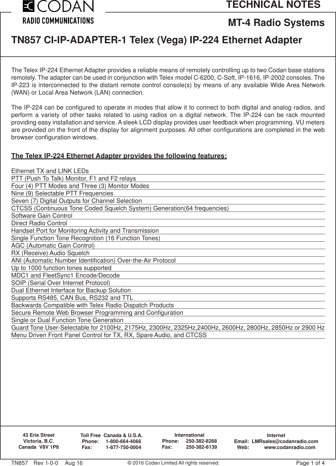 Page 1 of 4 - TN857-1 Telex IP-224 TN857 CI-IP-ADAPTER-1 (Vega) Ethernet Adapter TN857-1-Telex-IP-2242