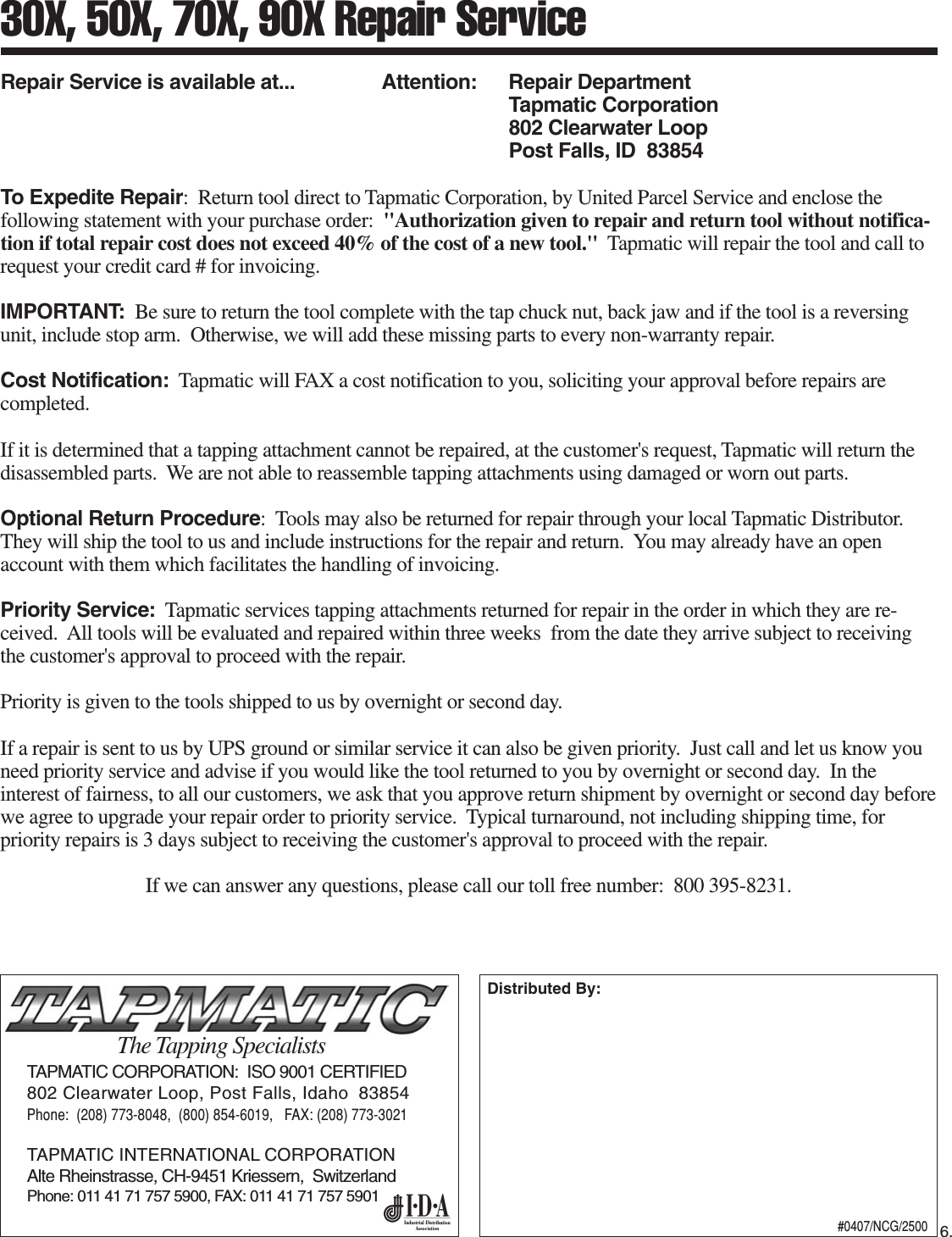 Page 6 of 6 - X Op Inst 9-03 Tapmatic-30x-50x-70x-Manual-Parts-List