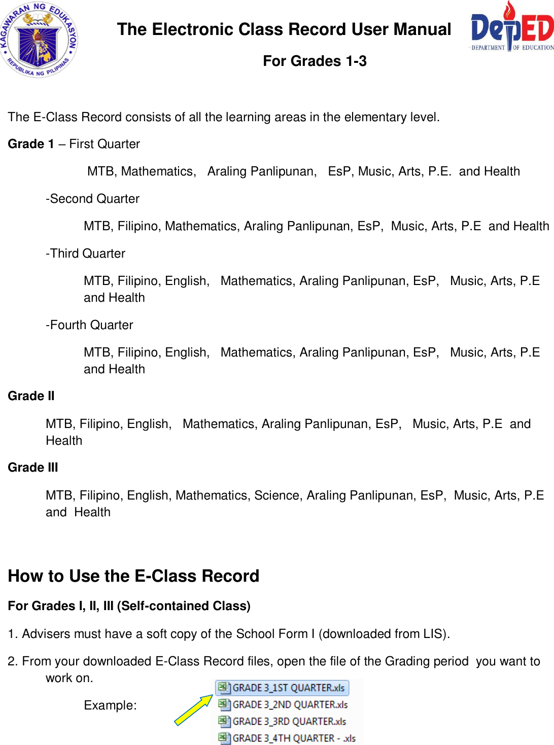 Page 1 of 3 - The Electronic Class Record User Manual For Grades 1-3 (Self-contained Class)