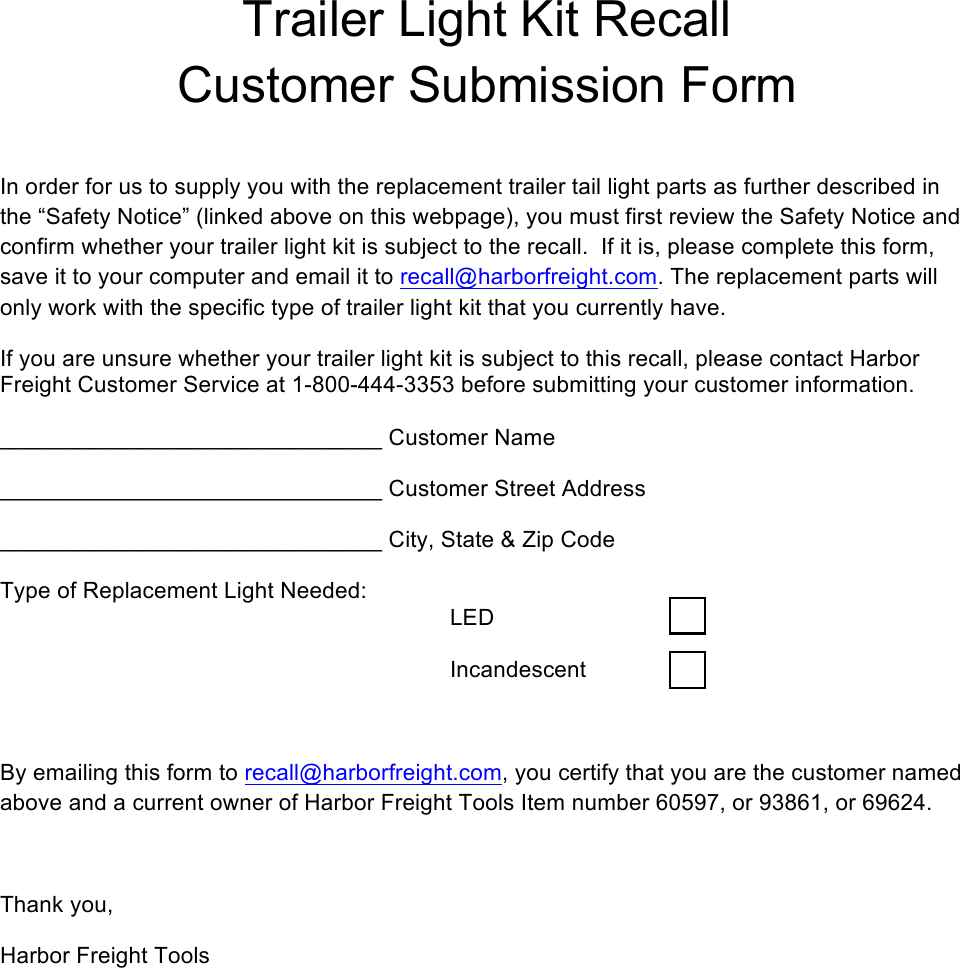 Page 1 of 1 - Online Form For Customer To Fill Out Trailer Light Recall