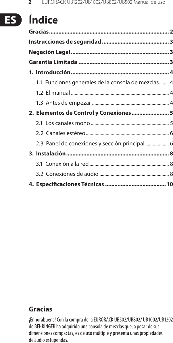 Page 2 of 12 - EURORACK UB1202 / UB1002 UB802 UB502 Behringer User Manual (Spanish) M ES