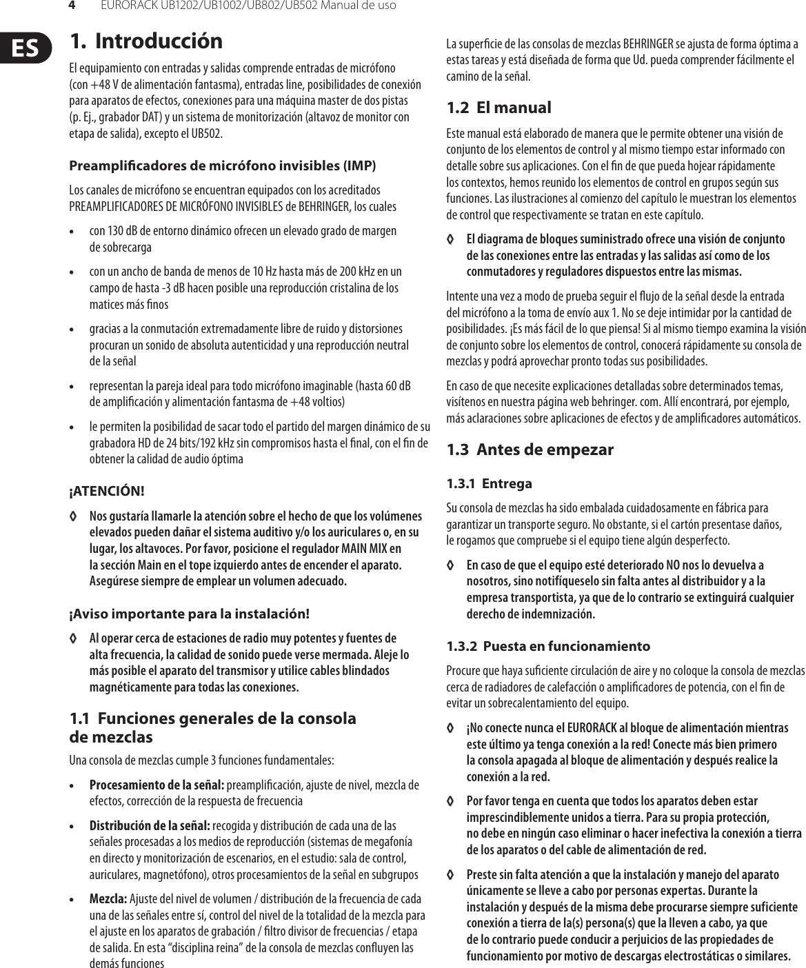Page 4 of 12 - EURORACK UB1202 / UB1002 UB802 UB502 Behringer User Manual (Spanish) M ES