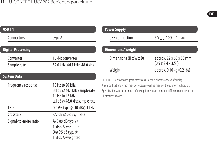Page 11 of 12 - UCA202_P0484_M_DE Behringer UCA202 User Manual (German) P0484 M DE