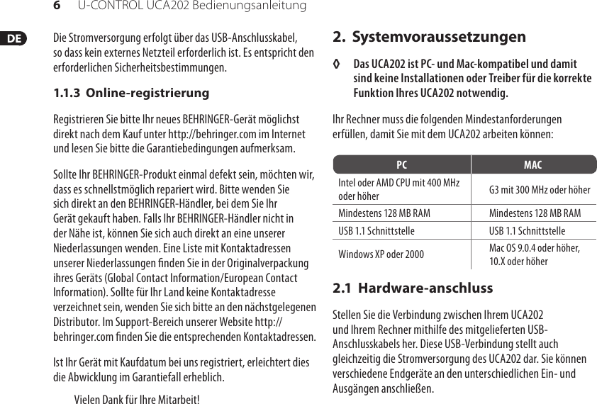 Page 6 of 12 - UCA202_P0484_M_DE Behringer UCA202 User Manual (German) P0484 M DE