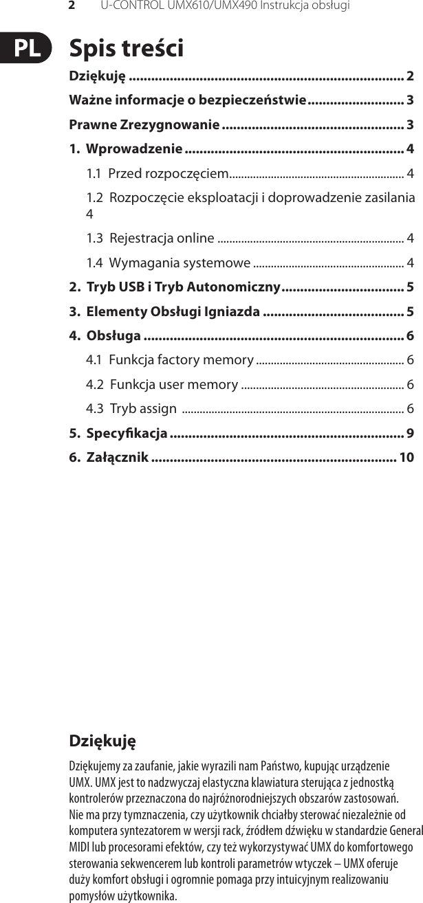 Page 2 of 11 - U-CONTROL UMX610/UMX490 Behringer UMX490 User Manual (Polish) UMX610 M PL