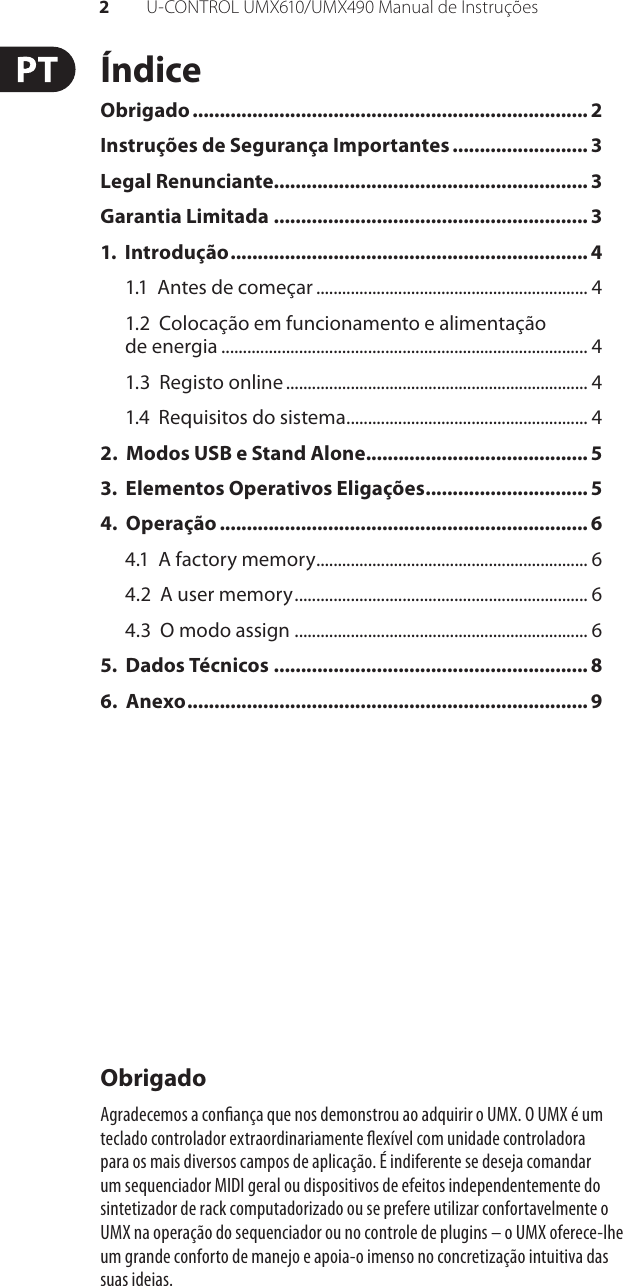 Page 2 of 10 - U-CONTROL UMX610/UMX490 Behringer UMX490 User Manual (Portuguese) UMX610 M PT