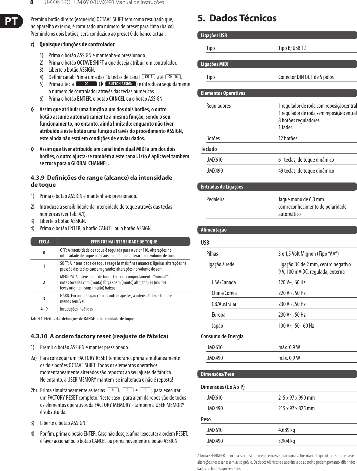 Page 8 of 10 - U-CONTROL UMX610/UMX490 Behringer UMX490 User Manual (Portuguese) UMX610 M PT