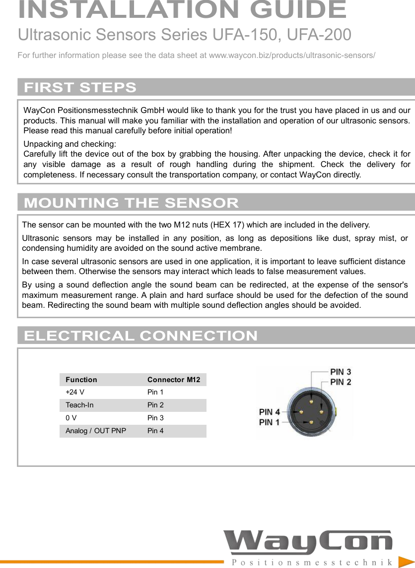 Page 1 of 8 - Installation Guide UFA-150, UFA-200 Ultrasonic-Sensor-UFA150-UFA200-Installation-Guide