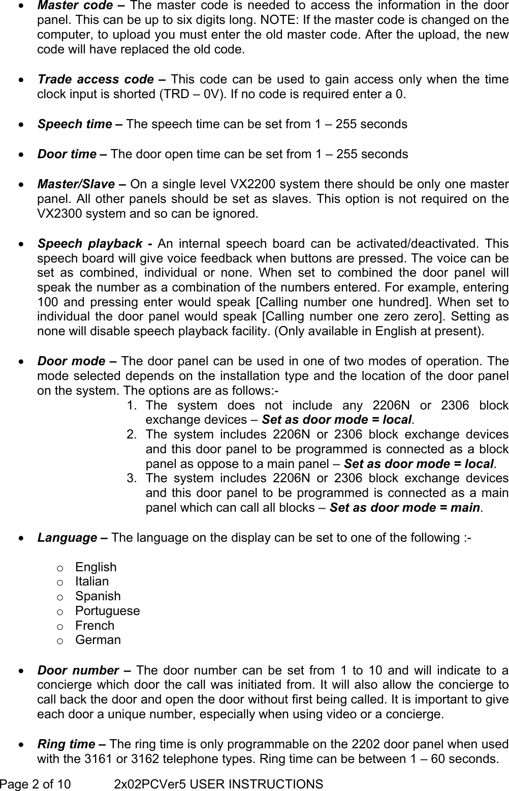 Page 2 of 10 - VX2202 Digital Door Panel PC Interface Software VX2200 Prog Guide