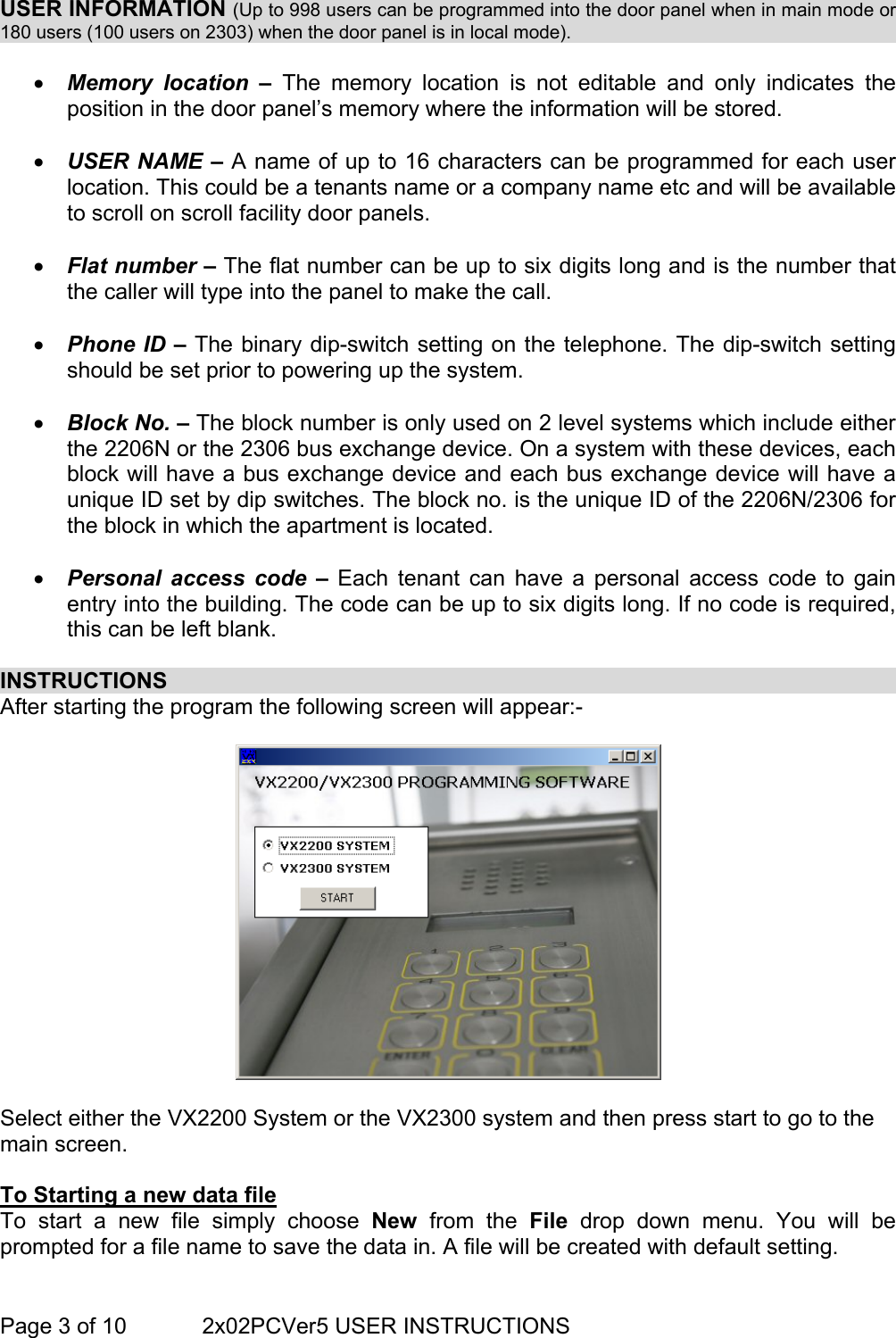 Page 3 of 10 - VX2202 Digital Door Panel PC Interface Software VX2200 Prog Guide