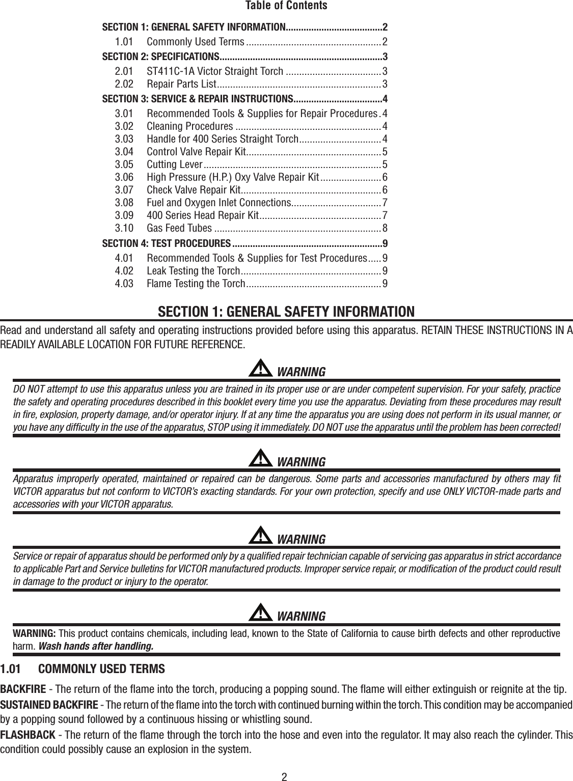 Page 2 of 12 - Victor-ST411C-1A-Acetylene-Torch-Manual