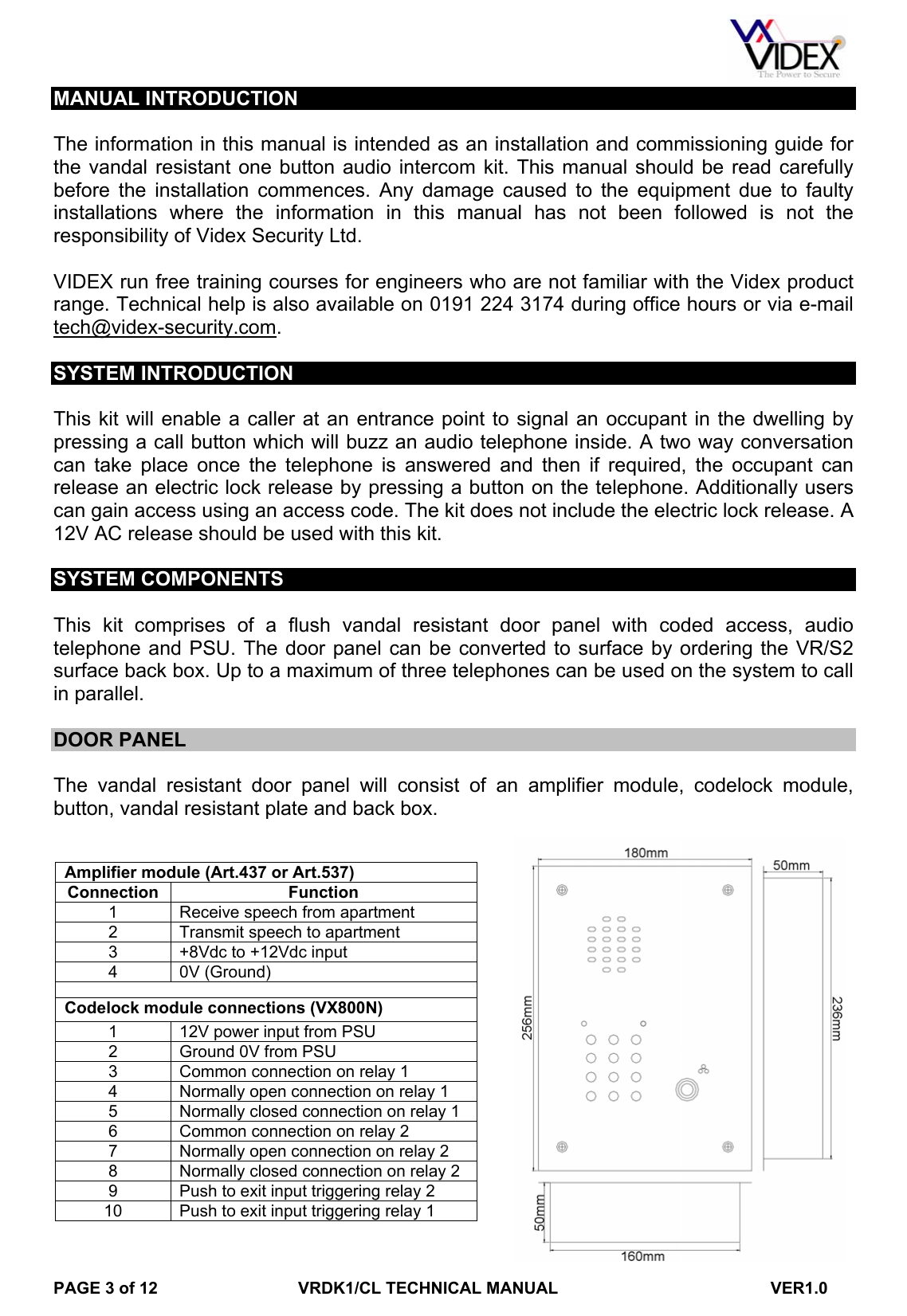 Page 3 of 12 - VRDK1CLManual Videx-VRDK1CL-Manual-with-codelock