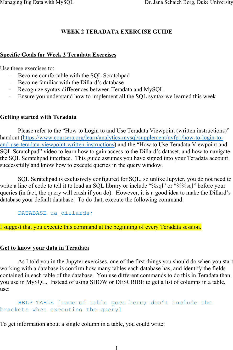 Page 1 of 6 - Week-2-Dillard S-Analysis-Guide-Teradata-exercise