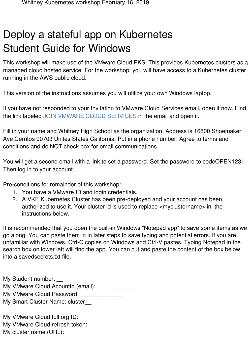 Page 1 of 11 - Dploy A Stateful App On Kubernetes Windows Version - Deploy Workshop Student Guide
