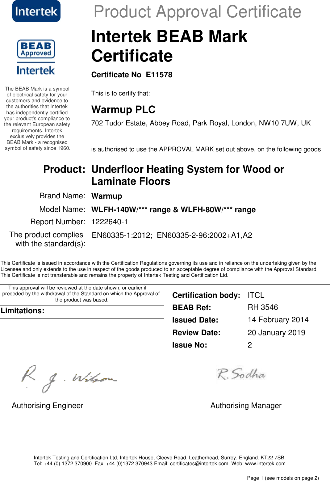 Page 1 of 2 - BEAB Licence  - Signed Accreditation-WLFH-BEAB-Certificate